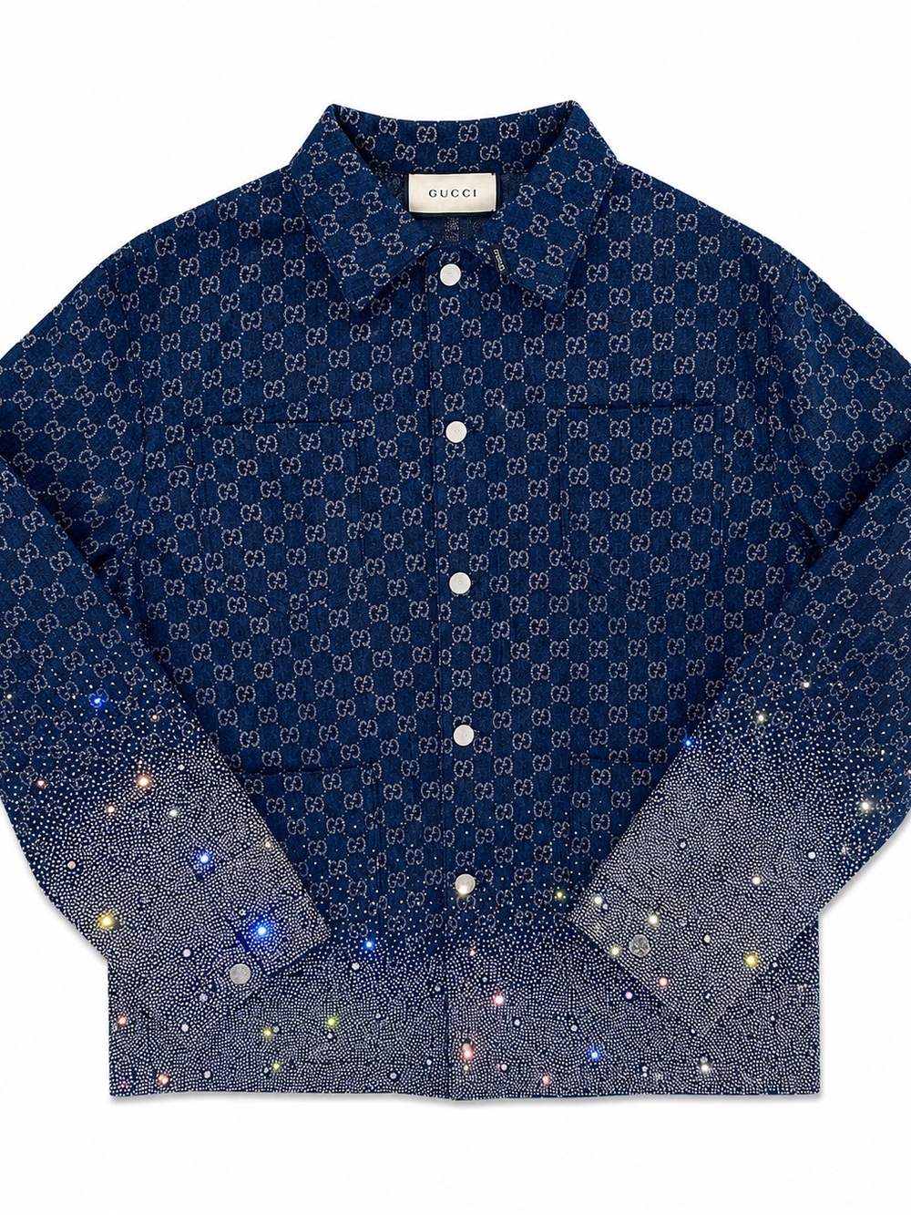 Gucci Blue GG Denim oversized Jacket with Crystal-Embellished Cuffs